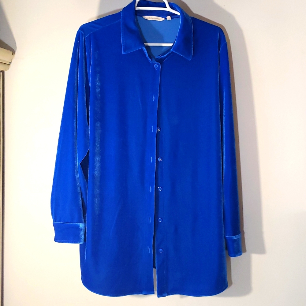 Soft Surroundings Bright Blue Velour Long Sleeve Button Down Shirt Womens size L